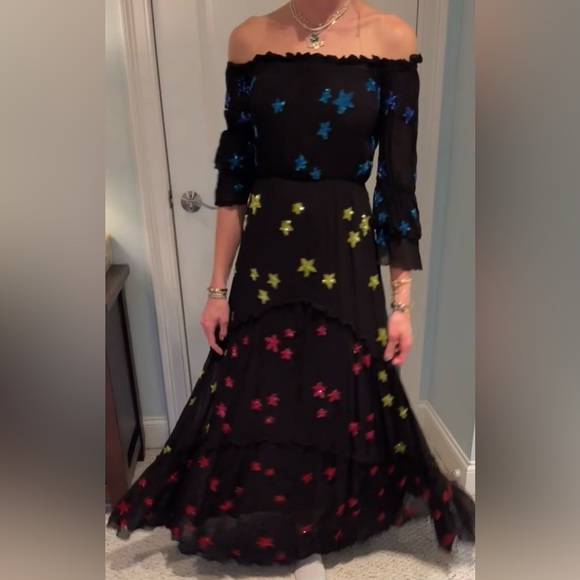 NEW RARE Rococo Sand Rainbow colored Sequin Star off the shoulder tiered dress